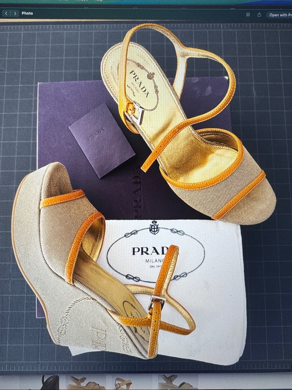 Prada Beige Canvas Wedge Sandals with Tan Trim